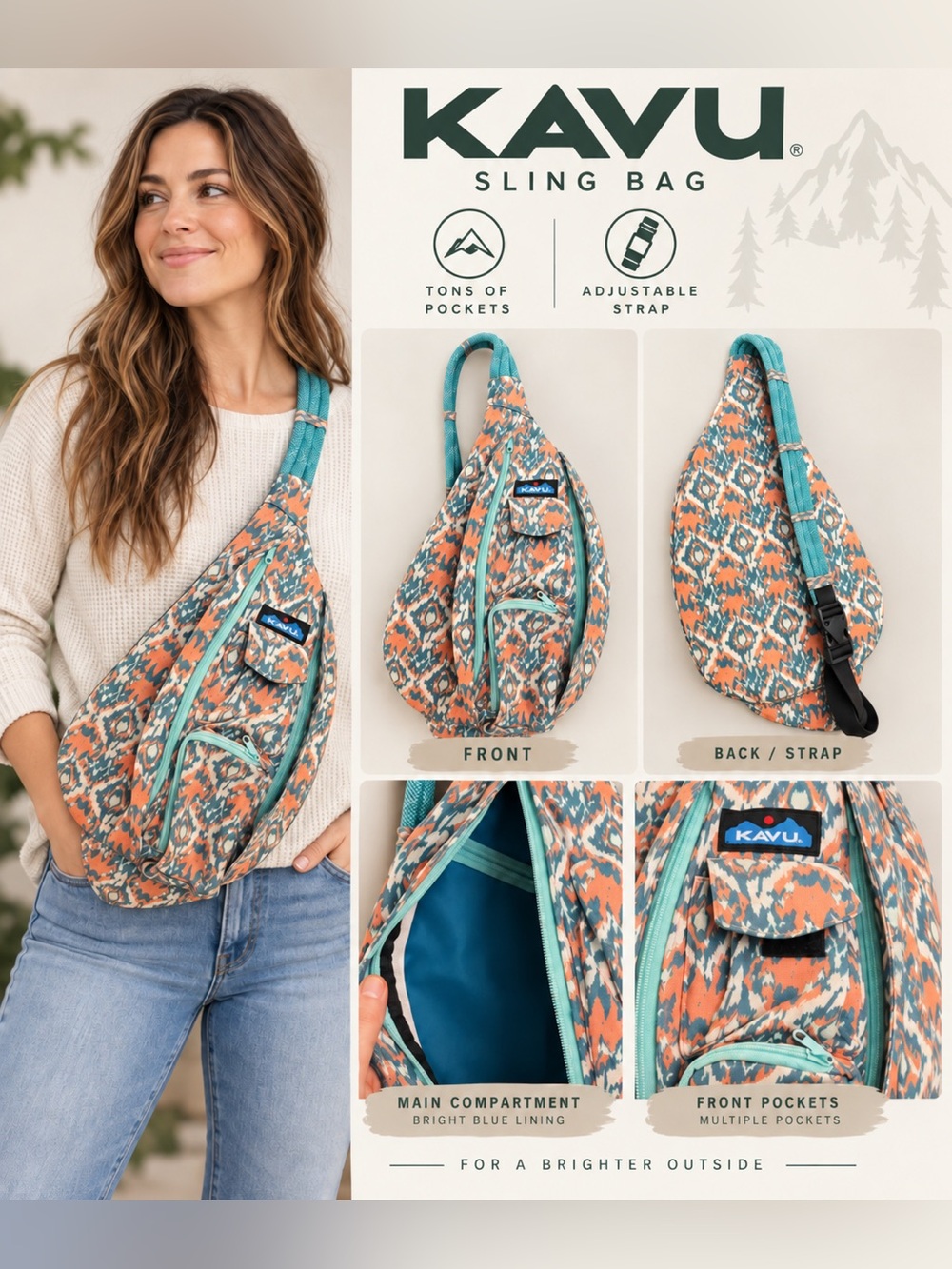 Kavu Teal & Coral Patterned Rope Sling Bag